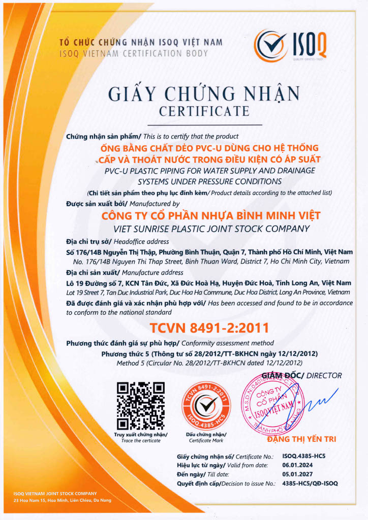 1728027508186 de6b5a90 bce4 4180 adde bf486176a68a 1 - Announcement: BINH MINH VIET PLASTIC JOINT STOCK COMPANY Achieves Certification TCVN 8491-2:2011 and TCVN 8491-3:2011 - Công ty cổ phần Nhựa Bình Minh Việt